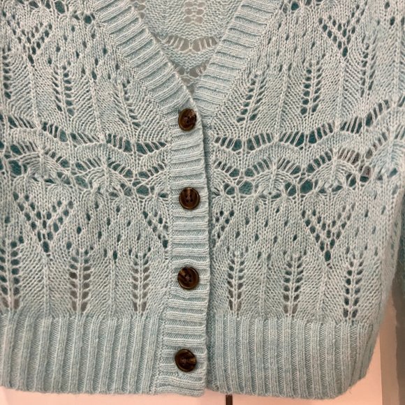 Intermix Brea Cropped Pointelle-knit Cardigan- Turquise- Small - Picture 4 of 6